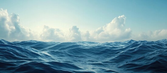 Vast ocean landscape with gentle waves and cloudy sky under bright daylight, tranquility theme with ample Copy Space for text insertion
