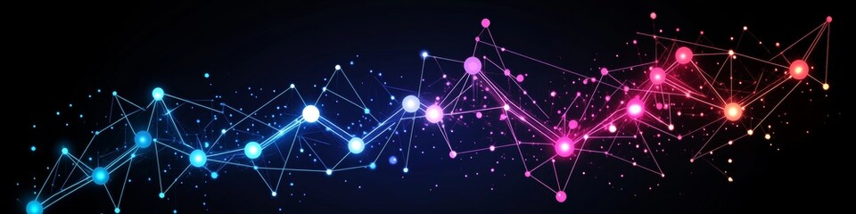 Abstract Colorful Network Connections With Glowing Dots On A Black Background, Digital Communication