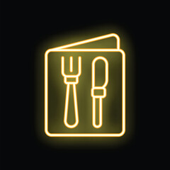 Yellow glowing neon sign depicting a restaurant menu with a fork and knife, set against a black background