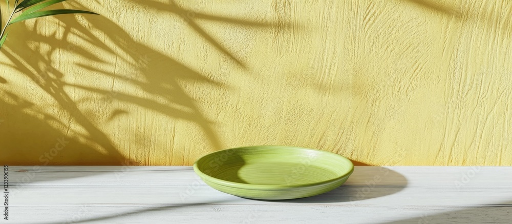 Sticker Green ceramic plate on white wooden table with yellow textured wall and shadows of plants in background Copy Space