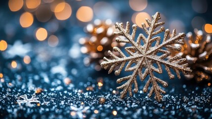 Golden festive snowflake bokeh lights winter wonderland image magical night close-up celebration