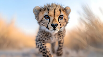 Cheetah cub walking towards camera, savanna background, wildlife photography