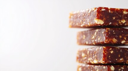 Stack of nut and date energy bars on white background with copy space for text. Healthy snack concept.