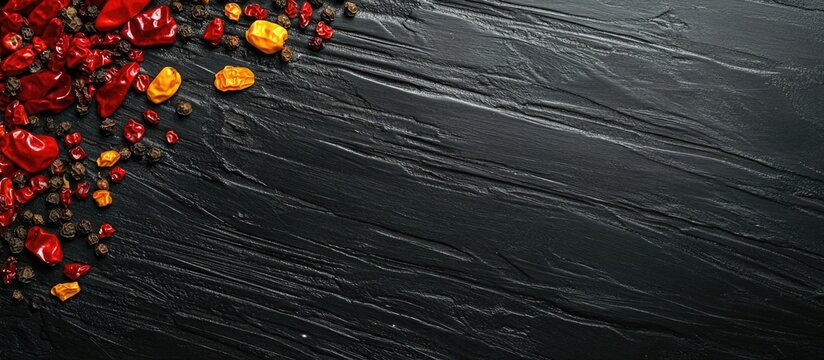 Colorful assortment of dried chili peppers and spices on black textured background with Copy Space for text placement