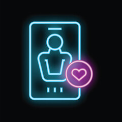 Glowing neon icon of a smartphone with a user profile and a heart symbol, representing a like or positive interaction