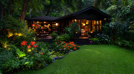 Night view of a lush garden with illuminated house