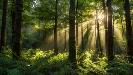 Fototapeta premium Lush Green Forest with Sunlight Streaming Through