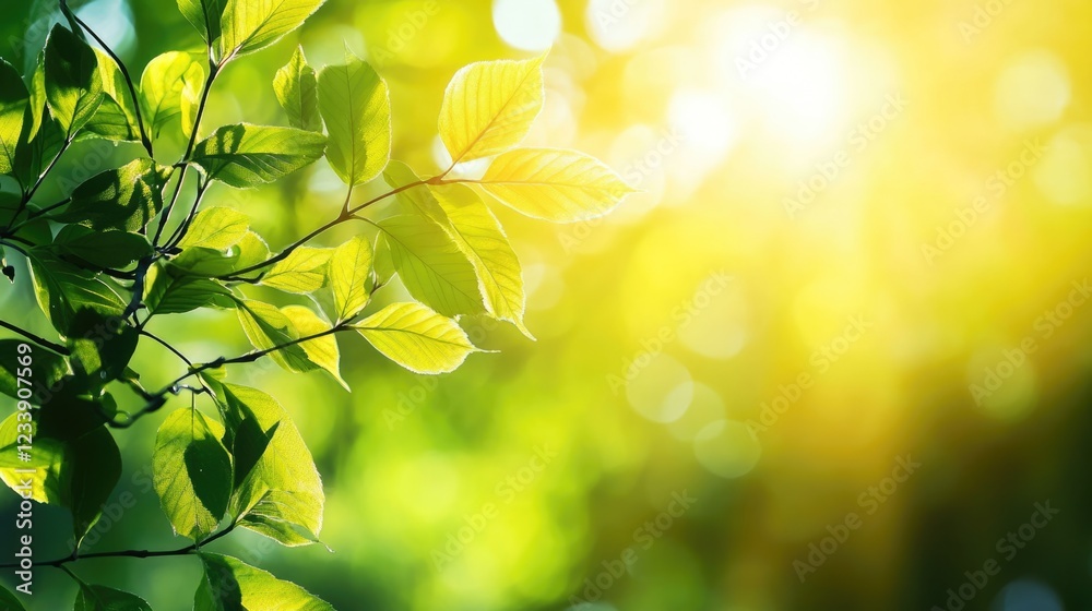 Wall mural lush green leaves with soft sunlight and bokeh background creating a tranquil natural atmosphere cop