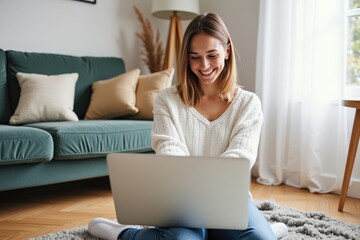 Fototapeta premium A Young Woman Engaged in Work or Leisure on Her Laptop While Sitting Comfortably in Her Cozy Living Room with Natural Light and a Plush Rug
