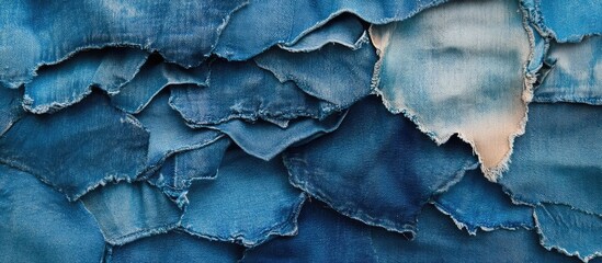 Naklejka premium Textured background of layered denim fabric pieces in various shades of blue, ideal for textile design and fashion projects. Copy Space