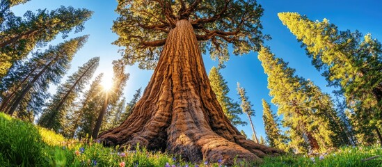 Majestic giant sequoia tree under clear blue sky surrounded by lush green pine trees with sunlight filtering through the branches Copy Space