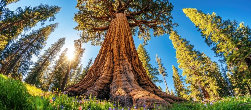 Majestic giant sequoia tree under clear blue sky surrounded by lush green pine trees with sunlight filtering through the branches Copy Space - Powered by Adobe