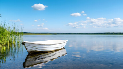Naklejka premium White rowboat on calm lake, reeds in foreground, blue sky