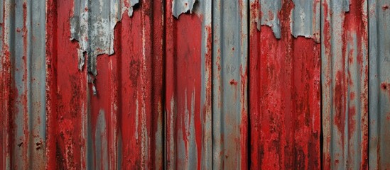 Rustic weathered red metal wall with peeling paint texture.