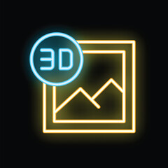 Fototapeta premium Neon icon of a 3d image with mountains is glowing against a black background