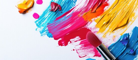 Vibrant Brush Strokes in Various Colors on White Canvas with Copy Space