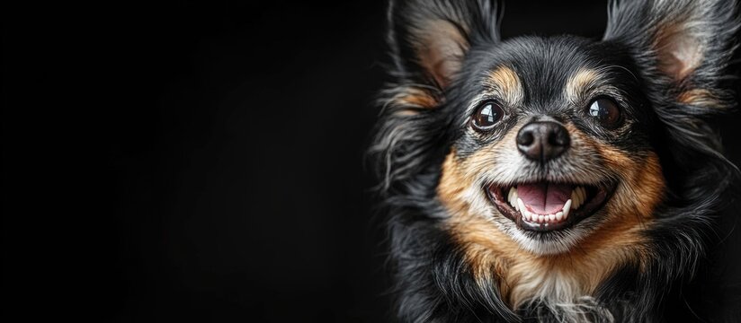 Happy Chihuahua Dog Portrait on Black Background with Copy Space for Text