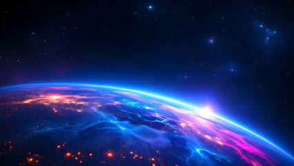 Neon colored planet in space