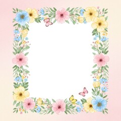 Obraz premium Elegant Floral Watercolor Frame with Colorful Flowers and Butterflies for Invitations and Scrapbook Projects