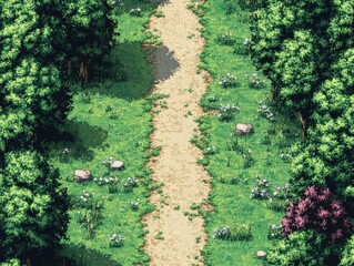 Fototapeta premium A serene pathway through a lush, green landscape with scattered flowers.