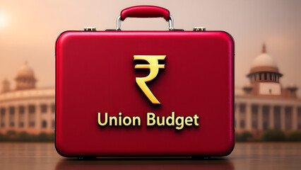 Union budget of India illustration with red briefcase Rupees symbol on it, Indian architectural building in background.