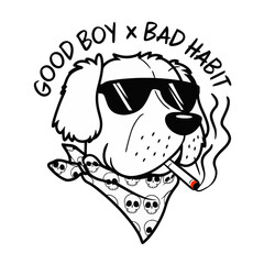 A stylized illustration of a dog wearing sunglasses and a bandana adorned with skull patterns