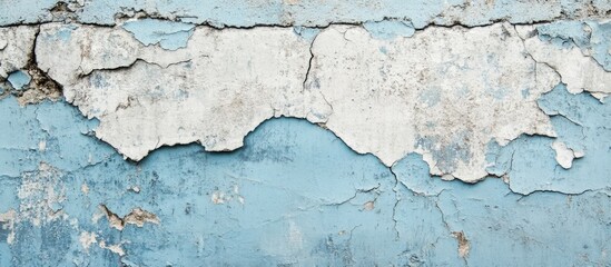 Obraz premium Peeling blue paint on textured wall with cracks and worn surfaces featuring copy space for text placement