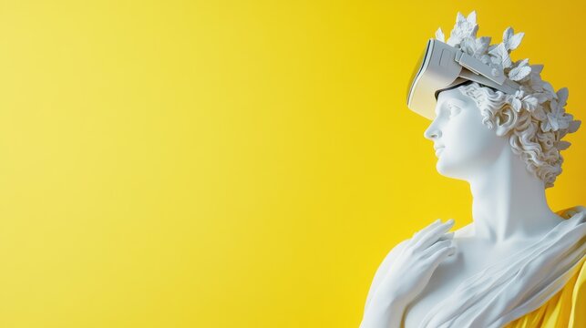 Classical Encounter with VR: A white plaster statue of a woman with an ornate crown, wearing modern VR headset, set against a vibrant yellow backdrop.