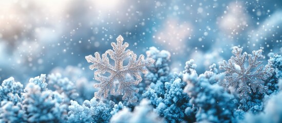 Close-up of snowflakes on winter frosty surface with blurred background snow and cool blue tones Copy Space
