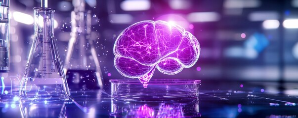 A glowing purple brain hologram sits in a lab setting, symbolizing the fusion of science and intelligence in modern research.