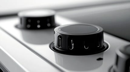 Close-up of modern black control knobs on a sleek white surface with Copy Space for text insertion