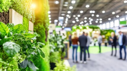 Green Trade Show: Lush vertical garden in foreground, blurred crowd of attendees networking at a bustling trade show, showcasing sustainable and eco-friendly products or services.