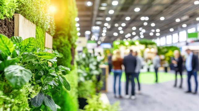 Green Trade Show: Lush vertical garden in foreground, blurred crowd of attendees networking at a bustling trade show, showcasing sustainable and eco-friendly products or services.