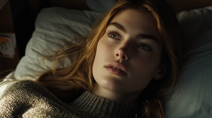 Pensive Blonde Woman Lying in Bed