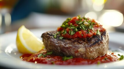 Gourmet Grilled Steak with Tomato Salsa and Lemon Garnish