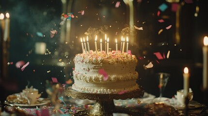 Festive birthday cake with candles, confetti, and candlesticks