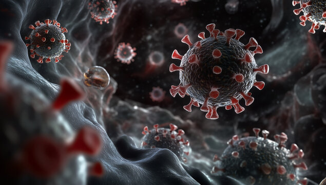 3D rendering of the coronavirus depicted amidst surrounding human cells, highlighting the interaction between the virus and the human body at a microscopic level.
