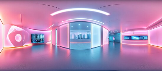 360 panoramic view of modern futuristic pink and blue hallway.