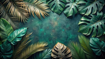 Naklejka premium Exotic tropical leaves scattered on a dark, muted green background with a faded, slightly worn look, evoking a sense of mystery and ancient forests , foliage, earthy tones