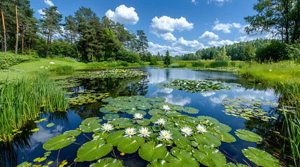 Fototapeta premium Serene summer pond, white water lilies, forest backdrop, nature scene, ideal for peaceful imagery