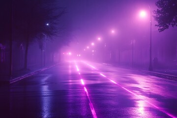Foggy Night Street Scene Illuminated by Purple Lights