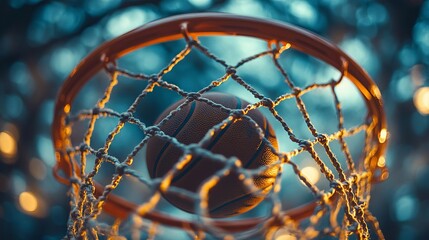 Basketball Swishing Through Net Close Up Action Shot at Dusk