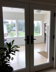 Fototapeta premium White framed double doors leading to bright sunroom with expansive backyard view