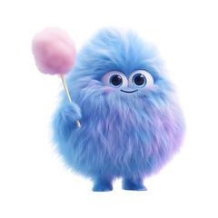 Fluffy 3D Cartoon Character Holding a Glowing Stick Isolated on Transparent Background