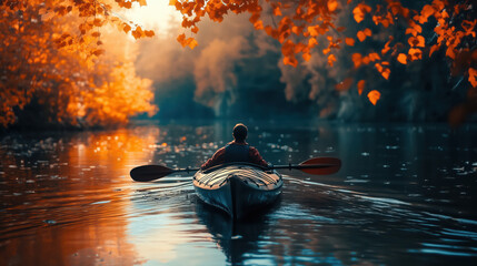 Kayaking adventure through clear turquoise waters under a bright blue sky in autumn season, perfect for nature and outdoor lovers 