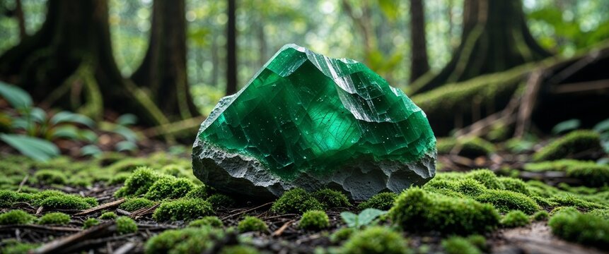 Deep mossy green chlorite stone in rainforest clearing with close up background