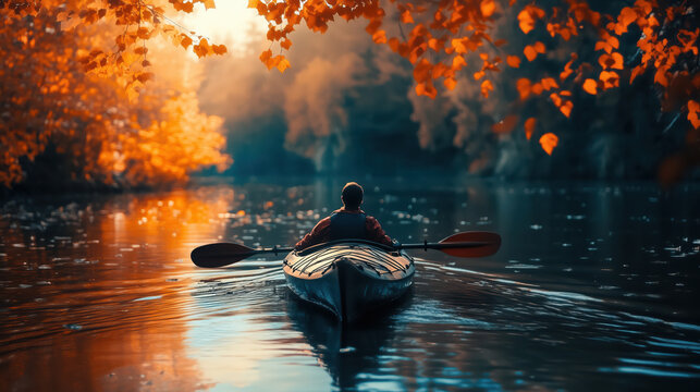 Kayaking adventure through clear turquoise waters under a bright blue sky in autumn season, perfect for nature and outdoor lovers 