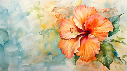 A vibrant watercolor painting of a hibiscus flower with soft, colorful background.