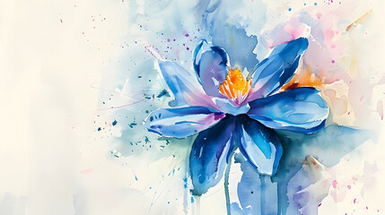 A vibrant watercolor painting of a blue lotus flower with splashes of color.