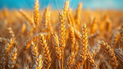 Fototapeta premium Golden Wheat Field at Sunset Ripe Grain Harvesting Agriculture Background